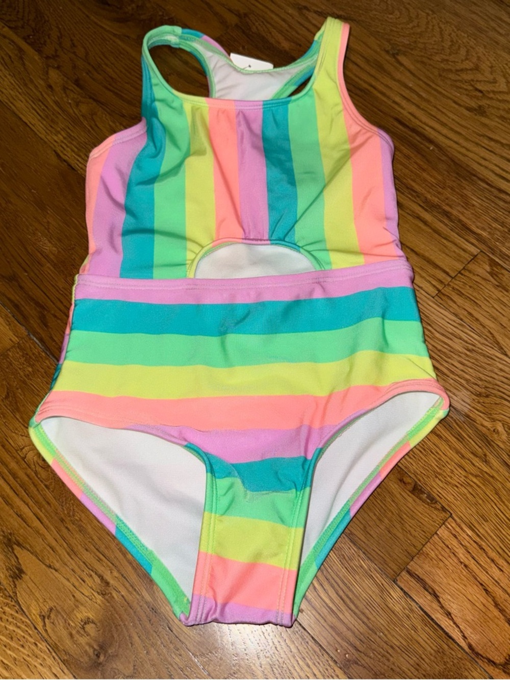 Cat & Jack Girls' Rainbow Stripe One-Piece Swimsuit - Pink, Yellow, Green, Blue